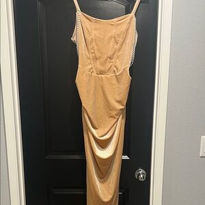 Elegant Tan Dress with Pearl Straps